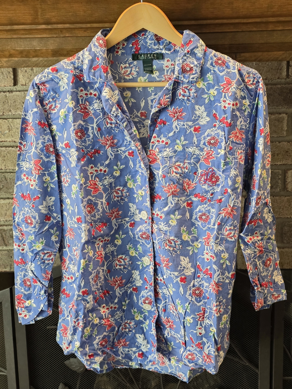 Ralph Lauren Blue Floral Button-Down Shirt with Red Accents